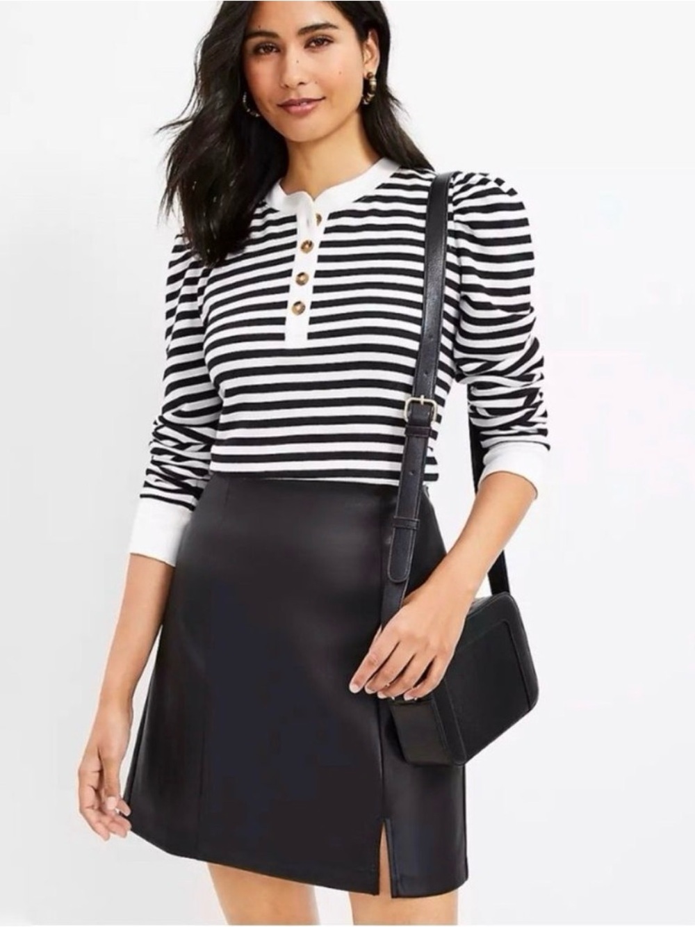 LOFT Black Faux Leather Mini Skirt with Small Slit Accent. SZ. 8